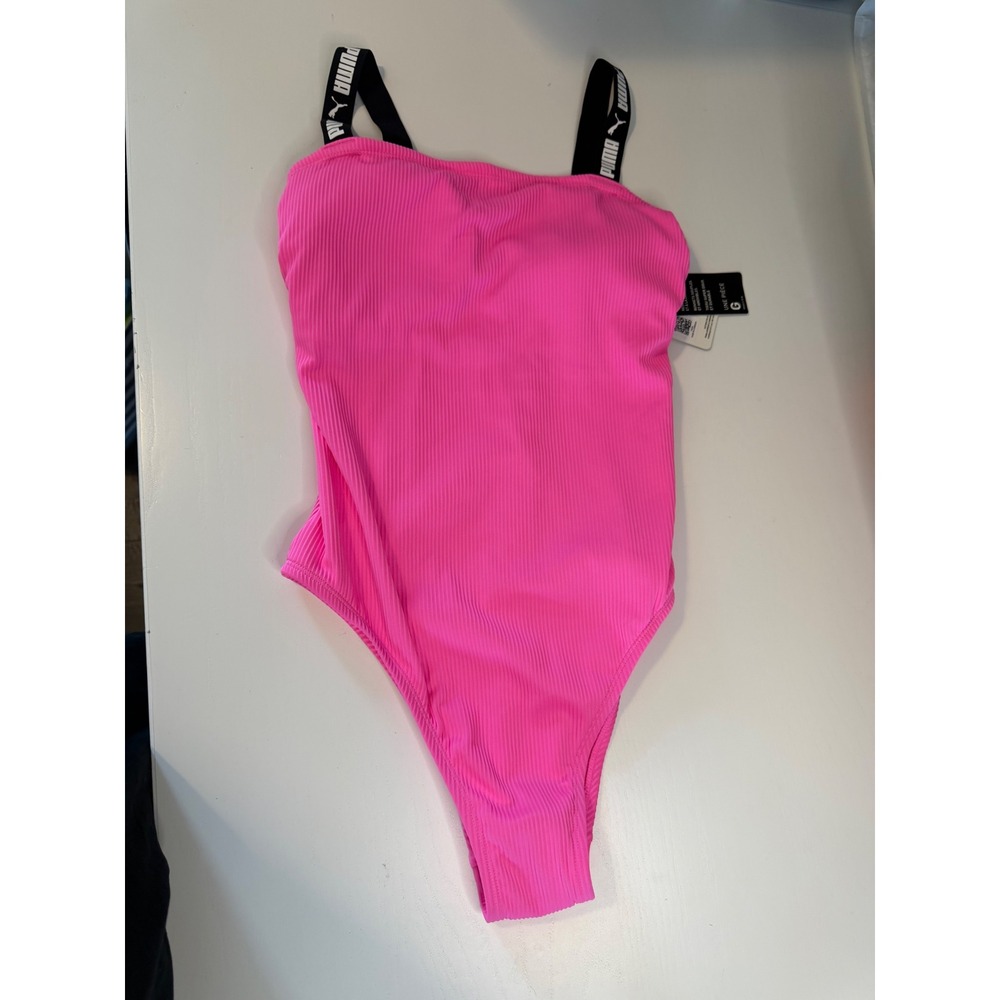 Puma Womens Neon Pink Ribbed One Piece Swimsuit Logo Straps Size Large New